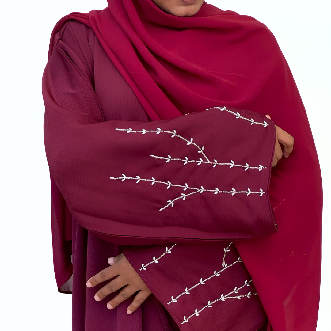 Closed abaya dress with embroidered beads sleeve with matching shawl