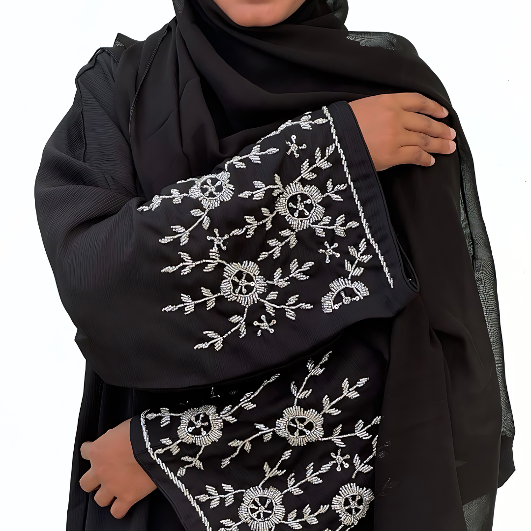 Closed abaya dress with embroidered beads sleeve with matching shawl
