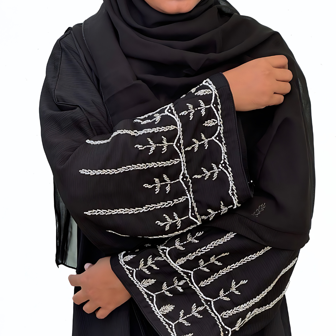 Closed abaya dress with embroidered beads sleeve with matching shawl