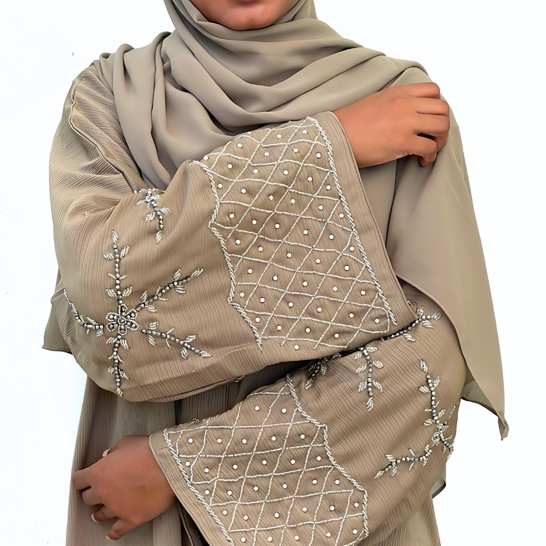 Closed abaya dress with embroidered beads sleeve with matching shawl