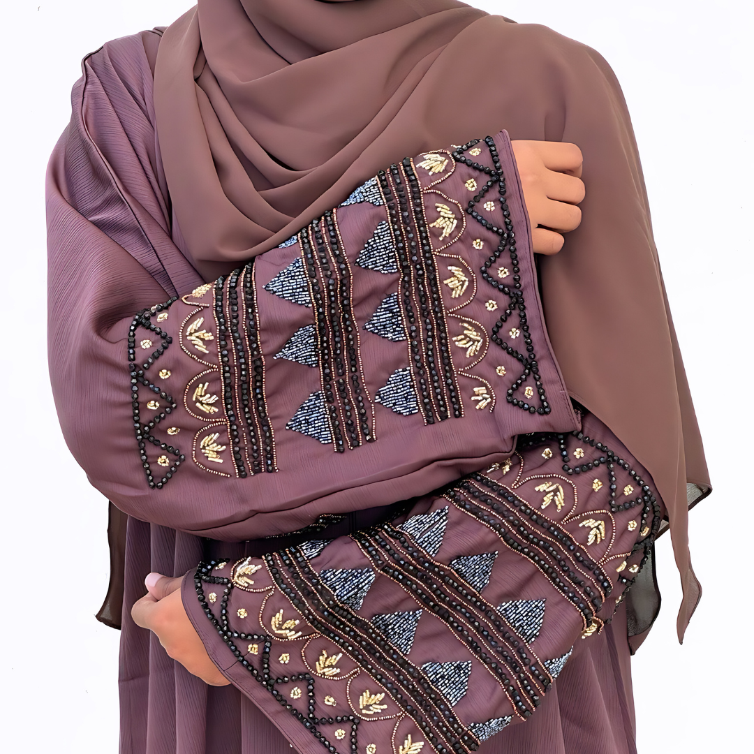 Closed abaya dress with embroidered beads sleeve with matching shawl