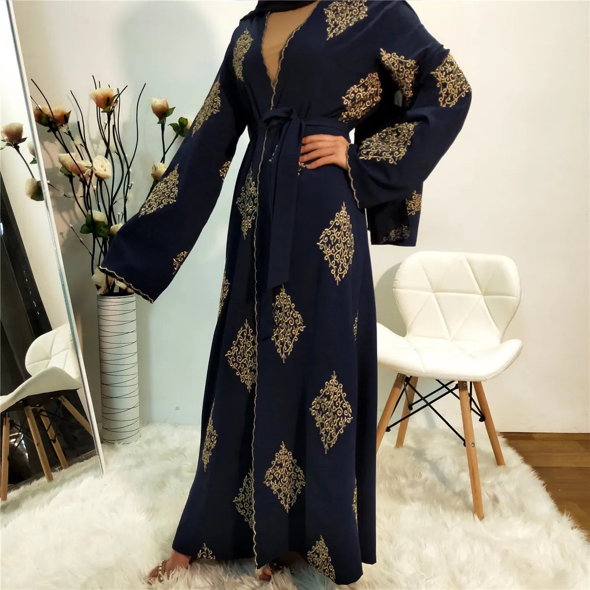 Diamond shape embroidery cardigan open abaya
