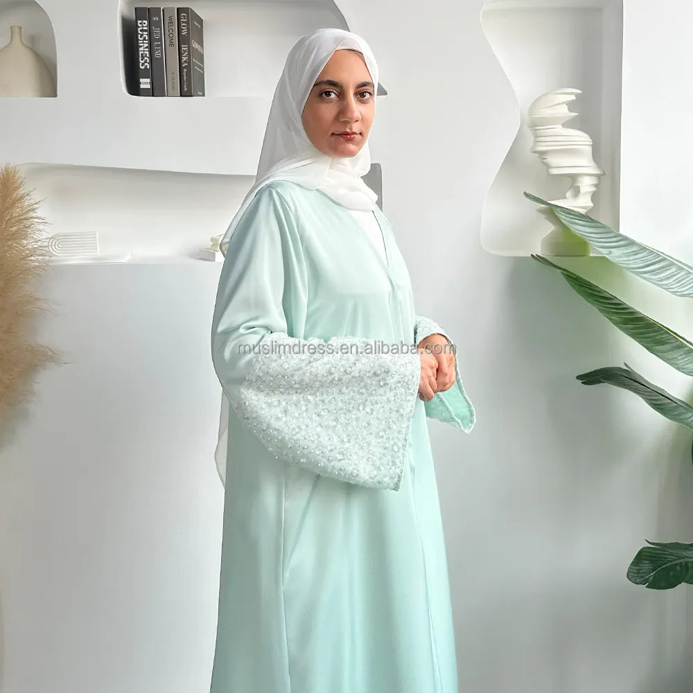 Beaded satin open abaya embroidered beads sleeve