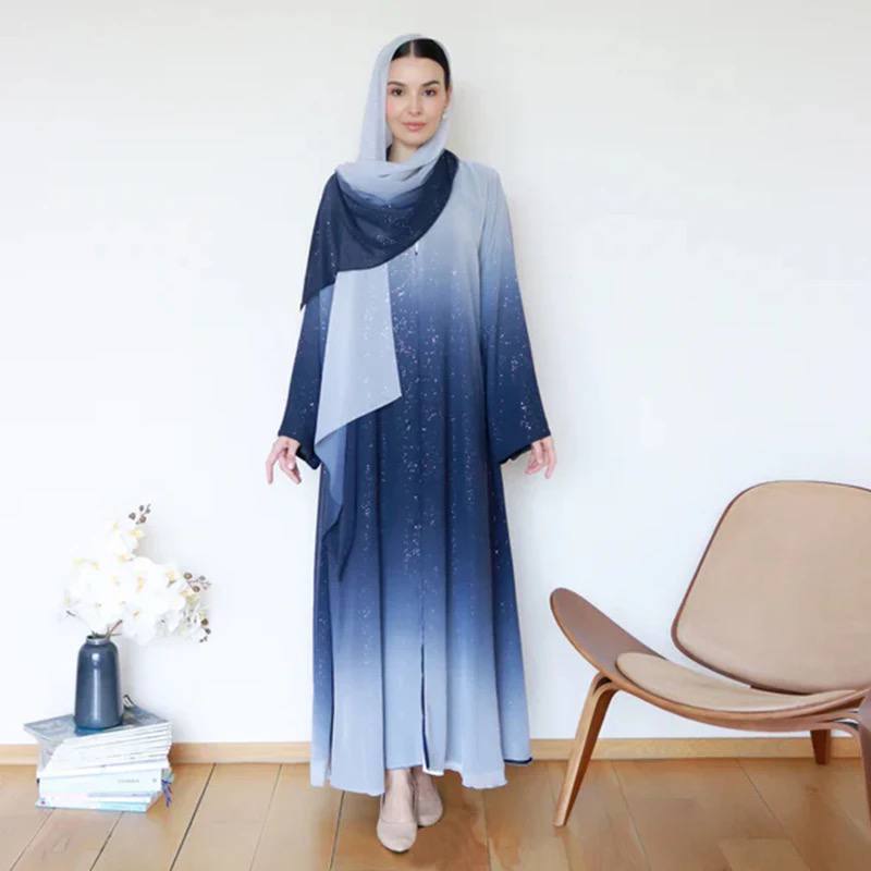 Kimono Gradient Glitter Chiffon open abaya with inner dress and chiffon shawl (3 piece set)