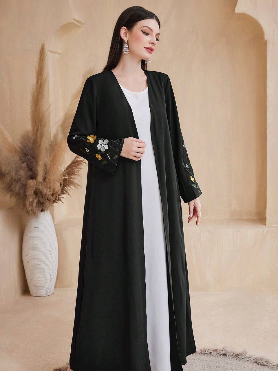 Flower Embroidery Long Sleeve, Open Front Abaya