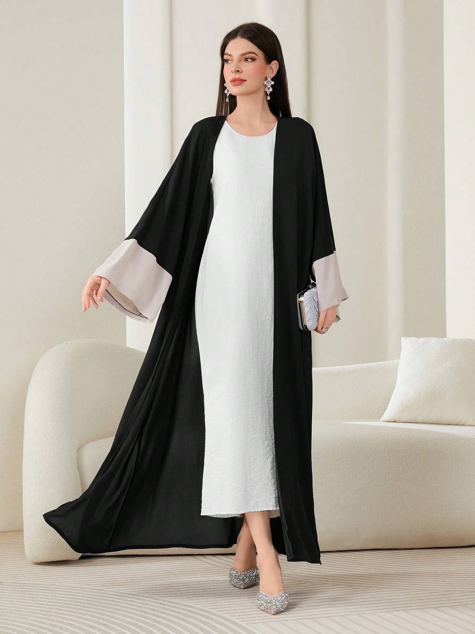Colorblock Flounce sleeve, Open Front Abaya