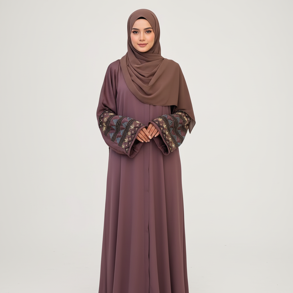 Beaded satin open abaya embroidered beads sleeve