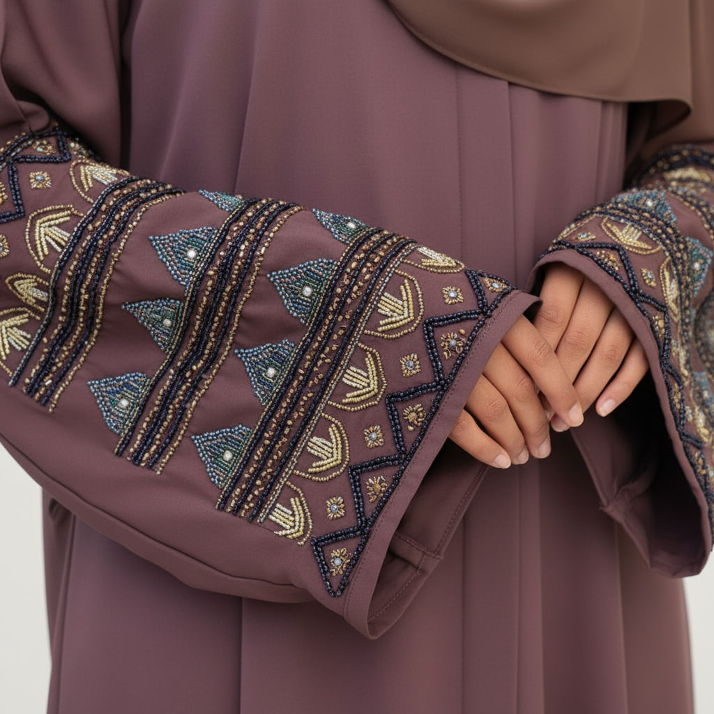 Beaded satin open abaya embroidered beads sleeve