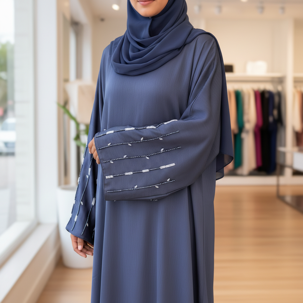 Closed abaya dress with embroidered beads sleeve with matching shawl