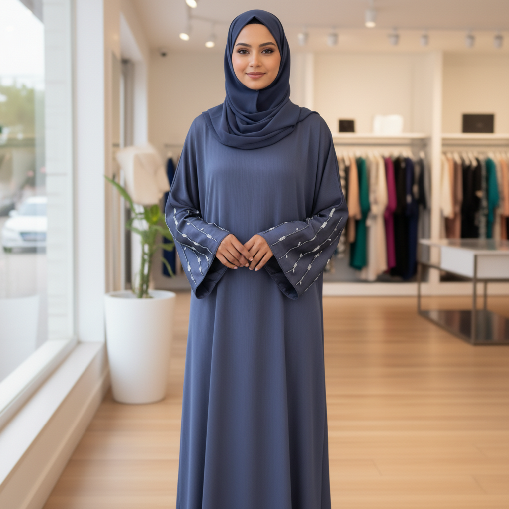 Closed abaya dress with embroidered beads sleeve with matching shawl