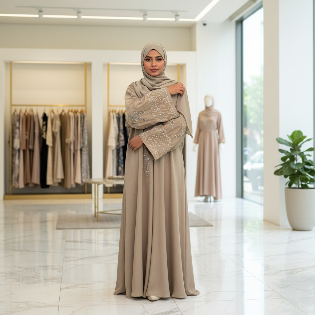 Closed abaya dress with embroidered beads sleeve with matching shawl